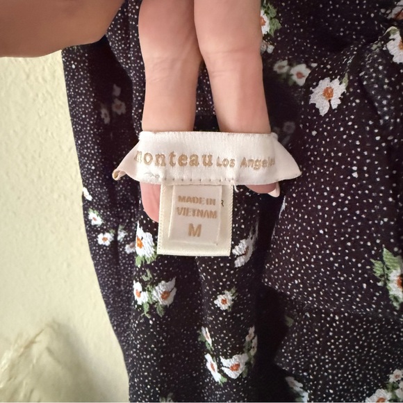 Monteau Los Angeles Black Floral Summer Midi Dress Micro Polka Dots Open Back - Picture 4 of 6